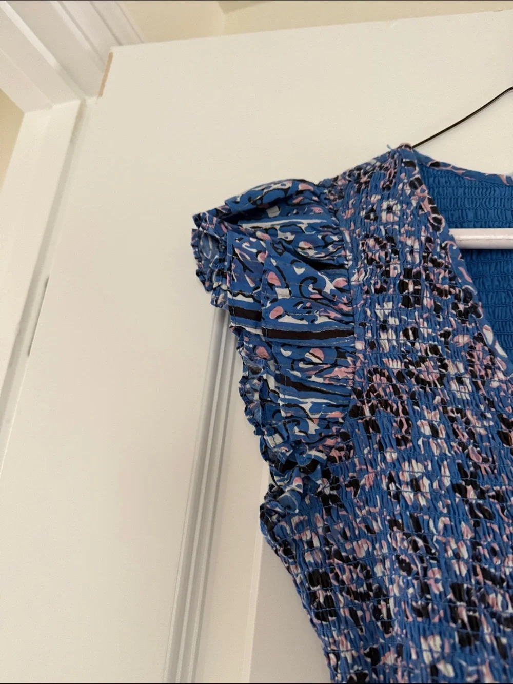 Cleobella Autumn Midi Dress blue paisley print smocked bodice flutter sleeves XS